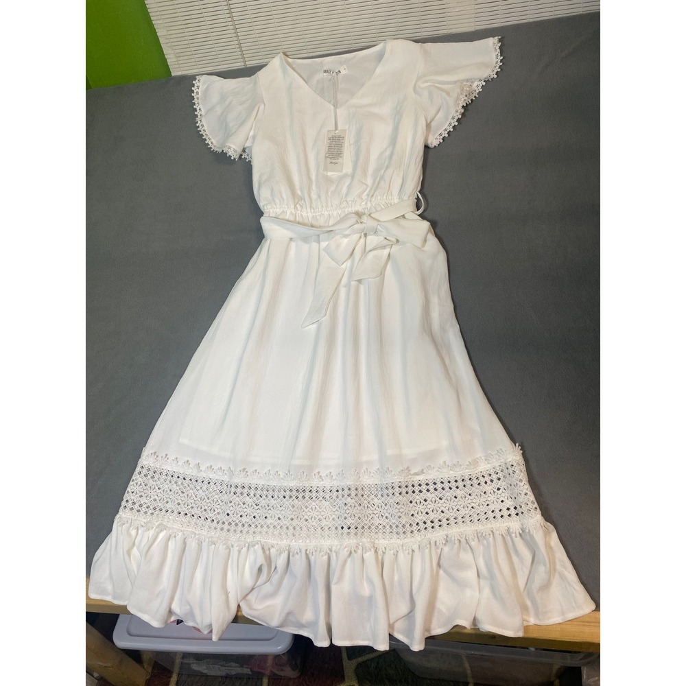 NWT! Grace Karin Women's Small White Dress Lace Detail Modest Coquette